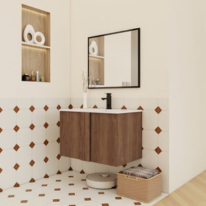English Elm 30" Floating Bathroom Vanity Dark Oak Cabinet Ceramic Sink Open Shelf Soft Close Brown Ebony,Glossy White W3450P435839