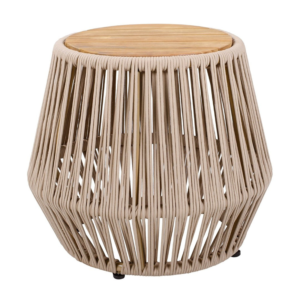 English Elm Acacia Wood Round Side Table Handwoven Rope Base Outdoor Coastal Boho Accent N770P380264B