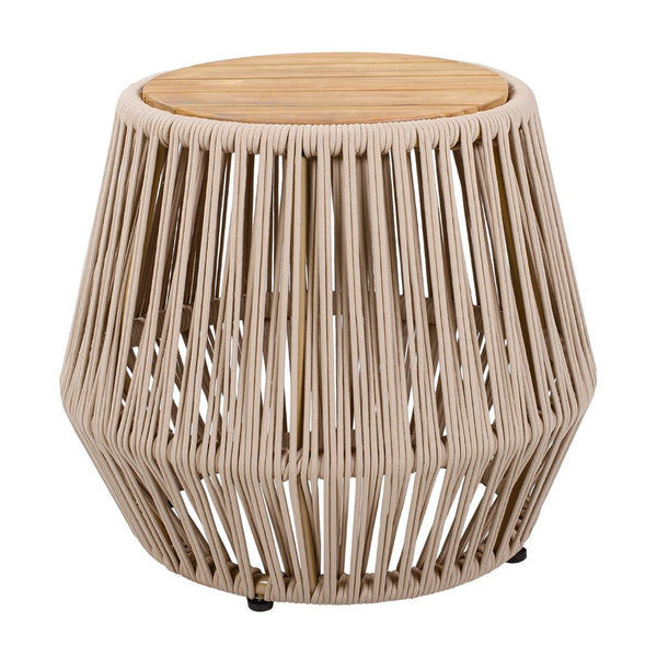 English Elm Acacia Wood Round Side Table Handwoven Rope Base Outdoor Coastal Boho Accent N770P380264B