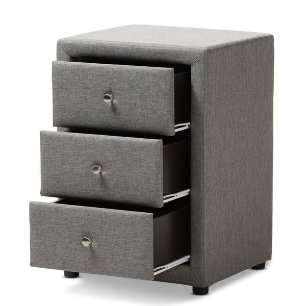 Baxton Studio Baxton Studio Tessa Modern Upholstered Nightstand with 3 Drawers for Stylish Bedroom Storage Solutions Grey BBT3138-Grey-NS