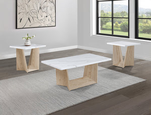 English Elm 3pc Modern Cocktail Table Set with Marble-Inspired Tops and Reeded Bases, Luxe Metallic Accents Oak,White 51.75 L x 29.25 W x 5 H B011S01895