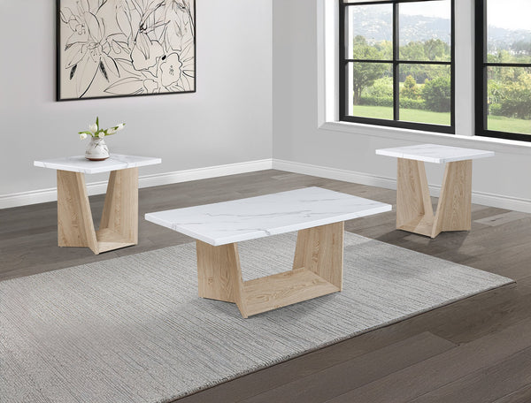 English Elm 3pc Modern Cocktail Table Set with Marble-Inspired Tops and Reeded Bases, Luxe Metallic Accents Oak,White 51.75 L x 29.25 W x 5 H B011S01895