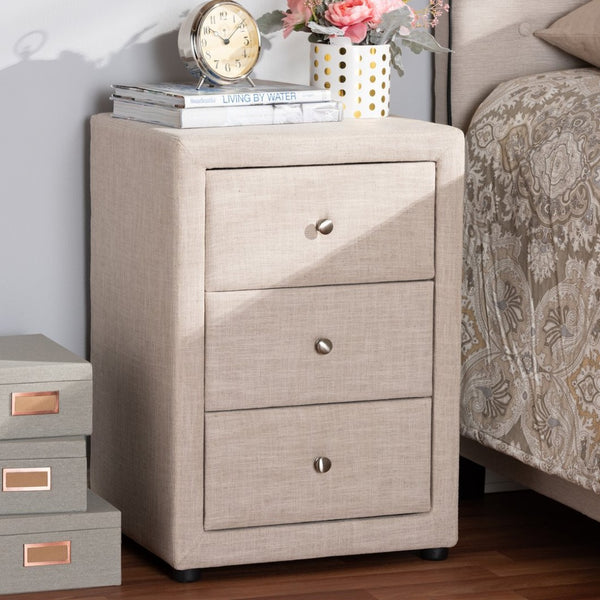 Baxton Studio Baxton Studio Tessa Modern Upholstered Nightstand with 3 Drawers for Stylish Bedroom Storage Solutions Beige BBT3138-Beige-NS