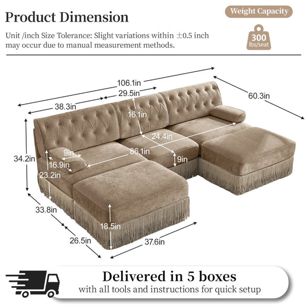 English Elm U Shaped Modular Sectional Sofa Chesterfield Tufted Velvet with Tassel Fringe Skirt Camel W714S01698