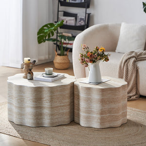 English Elm Set of 2 Round Coffee Tables Beige Brown Faux Mars Pattern MDF, Space-Saving Modern Accent Tables W3040P382320