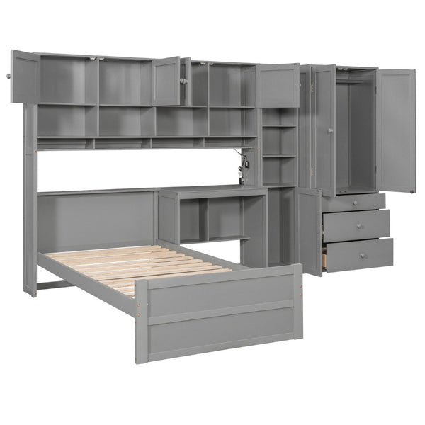English Elm Wooden Twin Loft Bed with Built-in Desk Wardrobe Storage Drawers and Led Lighting N820S00069E
