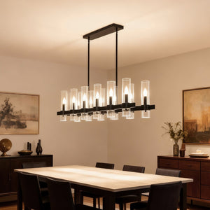English Elm Black Linear Chandelier 12 Light Seeded Glass Farmhouse Fixture for Dining Rooms W5008P392744