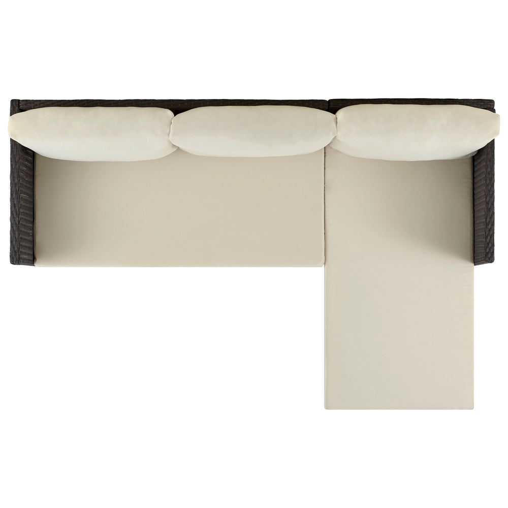 English Elm Menton 3-Piece Sectional Set with Chaise and Waterproof Removable Cushions, Steel Rattan Frame Brown+Tan B365P397653