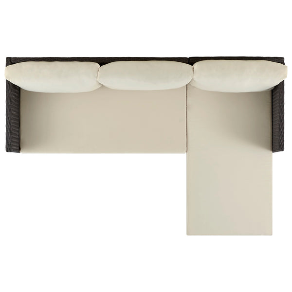 English Elm Menton 3-Piece Sectional Set with Chaise and Waterproof Removable Cushions, Steel Rattan Frame Brown+Tan B365P397653