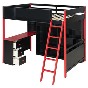 English Elm Full Size Gaming Loft Bed with Led Lighting Desk Drawers and Display Shelving Red LT000263AAJ