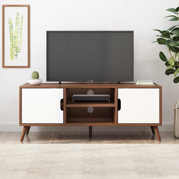 English Elm Tv Stand Mid-century Modern with Splayed Pine Legs and Three Staggered Storage Drawers 66758.00WALNWHT