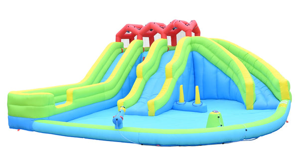English Elm 7 in 1 Inflatable Backyard Water Park with Triple Slides Climbing Wall and Sprinkler W1677P247457