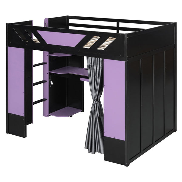 English Elm Full Size Loft Bed with Desk Blackout Curtains Rgb Lighting and Integrated Storage Purple+Black LT000377AAI