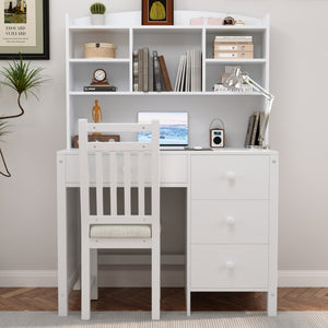 English Elm Vintage 40'' Home Executive Desk Set with Upholstered Chair and Built-In Bookshelf for Stylish Productivity White 44 L x 23 W x 13.5 H N733P272894K