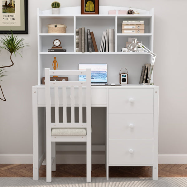 English Elm Vintage 40'' Home Executive Desk Set with Upholstered Chair and Built-In Bookshelf for Stylish Productivity White 44 L x 23 W x 13.5 H N733P272894K