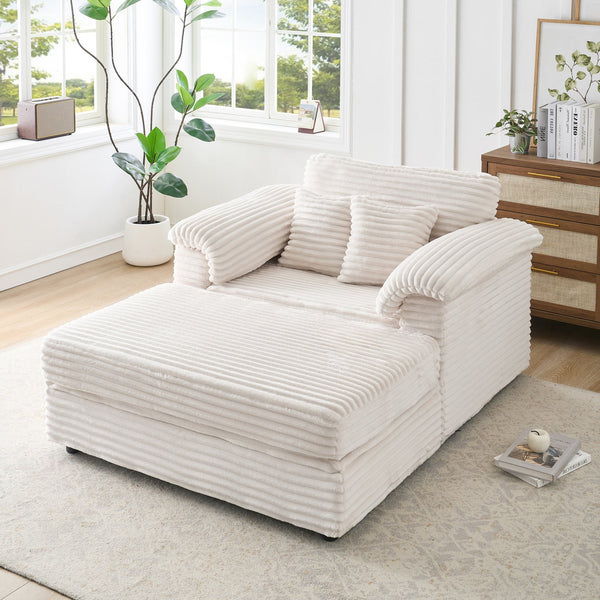 English Elm 47.24-inch corduroy armchair with storage ottoman and USB ports, spring seat, solid wood frame lounge White W3356S00024