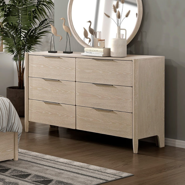 English Elm Modern Six Drawer Oak Veneer Dresser with Round Mirror Ceruse Finish Bedroom Set B011S02361