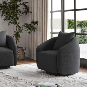 English Elm Swivel Barrel Armchair in Teddy Fabric with Lumbar Pillow and Solid Wood Legs Dark Gray T3623P430701