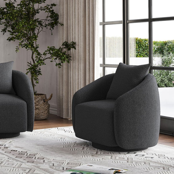 English Elm Swivel Barrel Armchair in Teddy Fabric with Lumbar Pillow and Solid Wood Legs Dark Gray T3623P430701