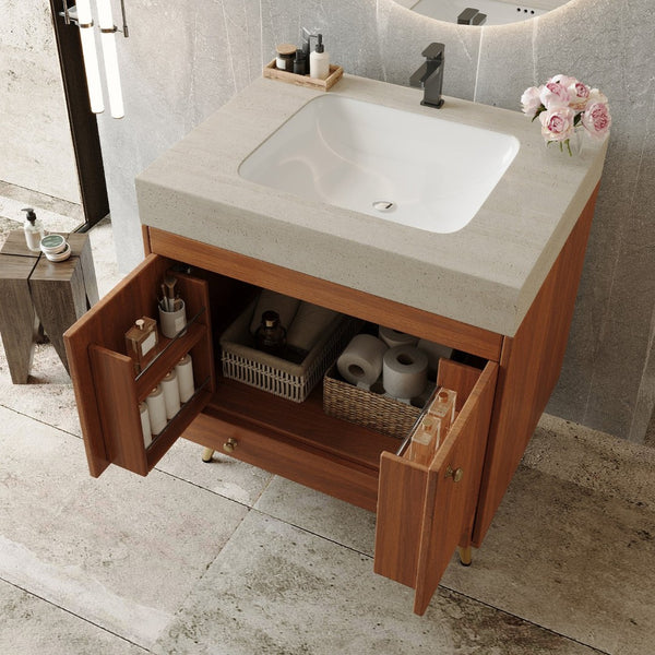 English Elm Mid-century Freestanding Bathroom Vanity with Marble Stone Top and Gold Steel Legs W3136S00065