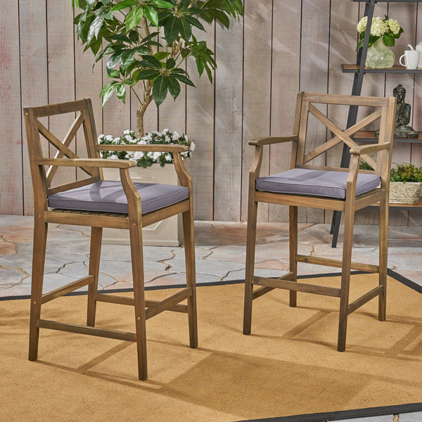 English Elm Christopher Knight Home® - PERLA Acacia Wood Outdoor Barstool Set of 2 with Water-Resistant Cushions, Cross-Back Farmhouse Charm Grey 63748.00GGRY
