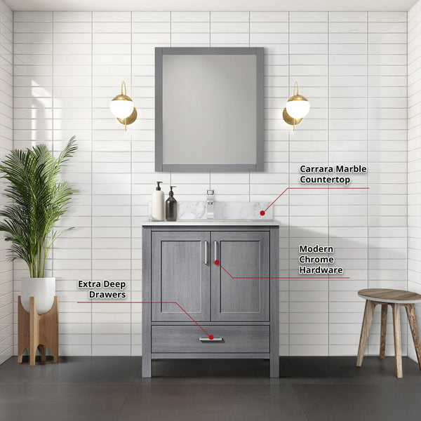 English Elm Distressed Grey Bath Vanity Set With Carrara Marble Top, Chrome Faucet & 28" Mirror For Stylish Storage B2731S01252