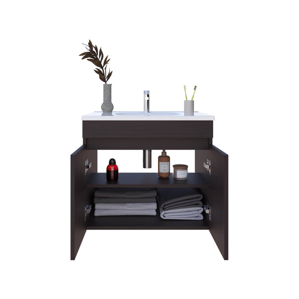 English Elm Chaux Floating Wide Double-Door Vanity with Resin Sink, Black Wenge Finish, Soft-Close, 23.2" B200P335379
