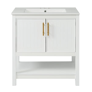 English Elm 30-Inch White Bathroom Vanity With Ceramic Sink - Stylish Storage Solution For Small Spaces! WF325888AAK