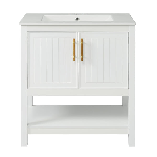English Elm 30-Inch White Bathroom Vanity With Ceramic Sink - Stylish Storage Solution For Small Spaces! WF325888AAK