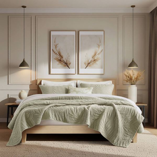 English Elm King Stone Washed Cotton Quilt Set Breathable Garment Dyed Bedroom Comfort Sage B035P496597
