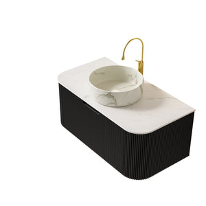 English Elm Dina Floating Bathroom Vanity Sintered Stone Top Glass Basin Striped Plywood Cabinet Black,Carrara White,Stone White W2615S00397