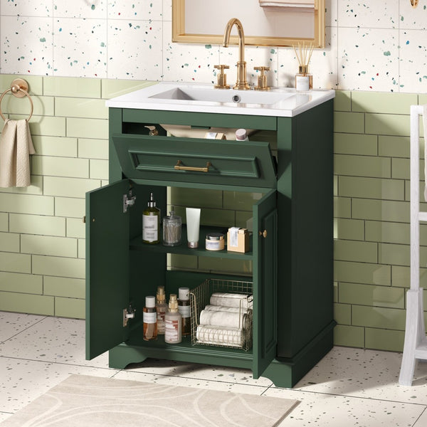 English Elm 24" Matte Single Sink Vanity Solid Poplar Frame Gold Hardware Soft Close Cabinet Green N710P389449F