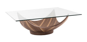 VIG Furniture Sunset Bowed Walnut Pedestal Coffee Table With 47" Square Tempered Glass Top — Sculptural, Sturdy Design VGIPSE066C