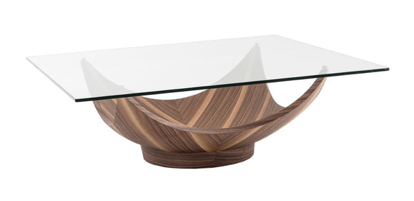VIG Furniture Sunset Bowed Walnut Pedestal Coffee Table With 47" Square Tempered Glass Top — Sculptural, Sturdy Design VGIPSE066C