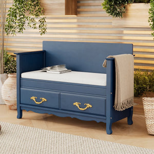 English Elm Trexm Carved Entryway Storage Bench Cushioned Lift Top Pine Frame Antique Style N715P198567M