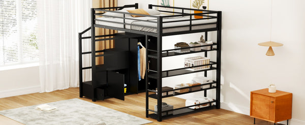 English Elm Full Metal Loft Bed with Built-in Wardrobe Shelving Staircase Storage Industrial GX000664AAB-1