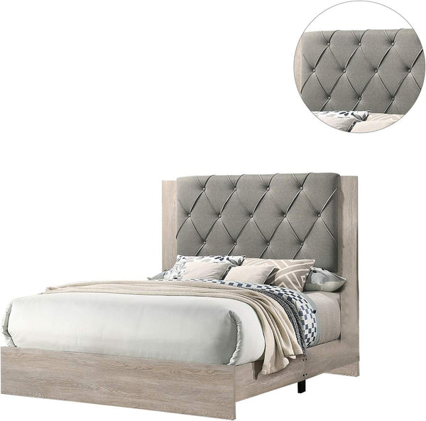 English Elm Contemporary Cream Finish Queen Bed With Gray Tufted Headboard - Stylish Rubberwood Frame Design B011P236790