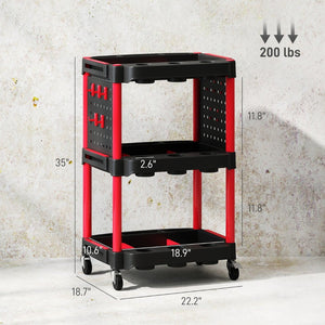 English Elm Capacity Three Tier Plastic Rolling Workshop Cart with Hooks Side Shelves Garage T3971P412713