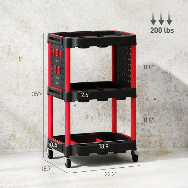 English Elm Capacity Three Tier Plastic Rolling Workshop Cart with Hooks Side Shelves Garage T3971P412713