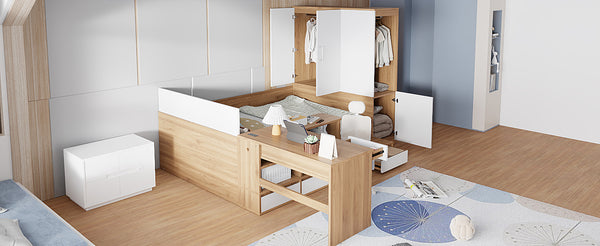 English Elm Full Size Wooden Platform Bed With 6 Drawers, Desk, Shelves & Wardrobe - Stylish Natural Finish N820S00060N