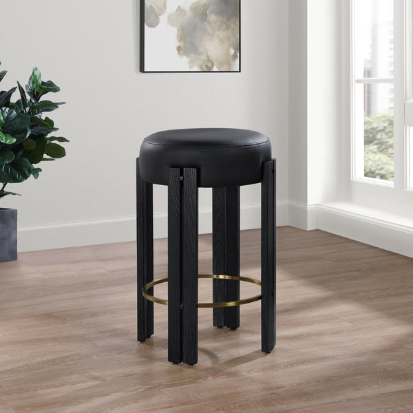 Meridian Furniture Harrison Vegan Leather Counter Stool with Walnut Legs and Brushed Brass Footrest for Kitchen Black Style C 816Black-C