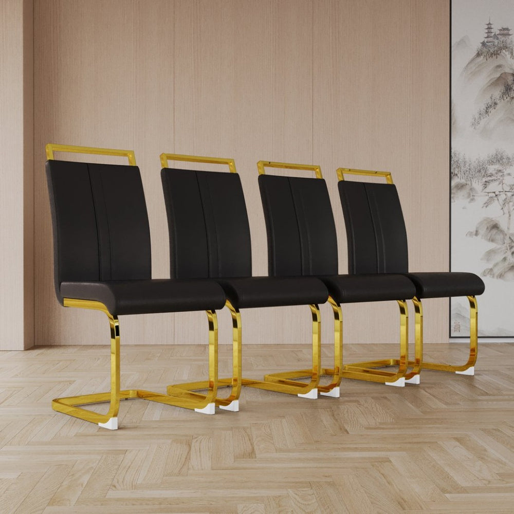 English Elm Modern Black Faux Leather High Back Dining Chair Set with Gold Plated Metal Legs W3732P386859