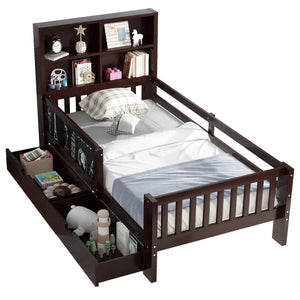 English Elm Twin Chalkboard Platform Bed with Drawers & Shelves, Solid Wood Kids Bed with Storage and Creative Headboard Espresso W1580P362705