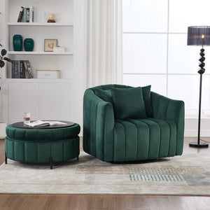 English Elm 40.35"W Stylish Green Velvet 360° Swivel Accent Barrel Chair & Storage Ottoman With 3 Pillows W3118S00010