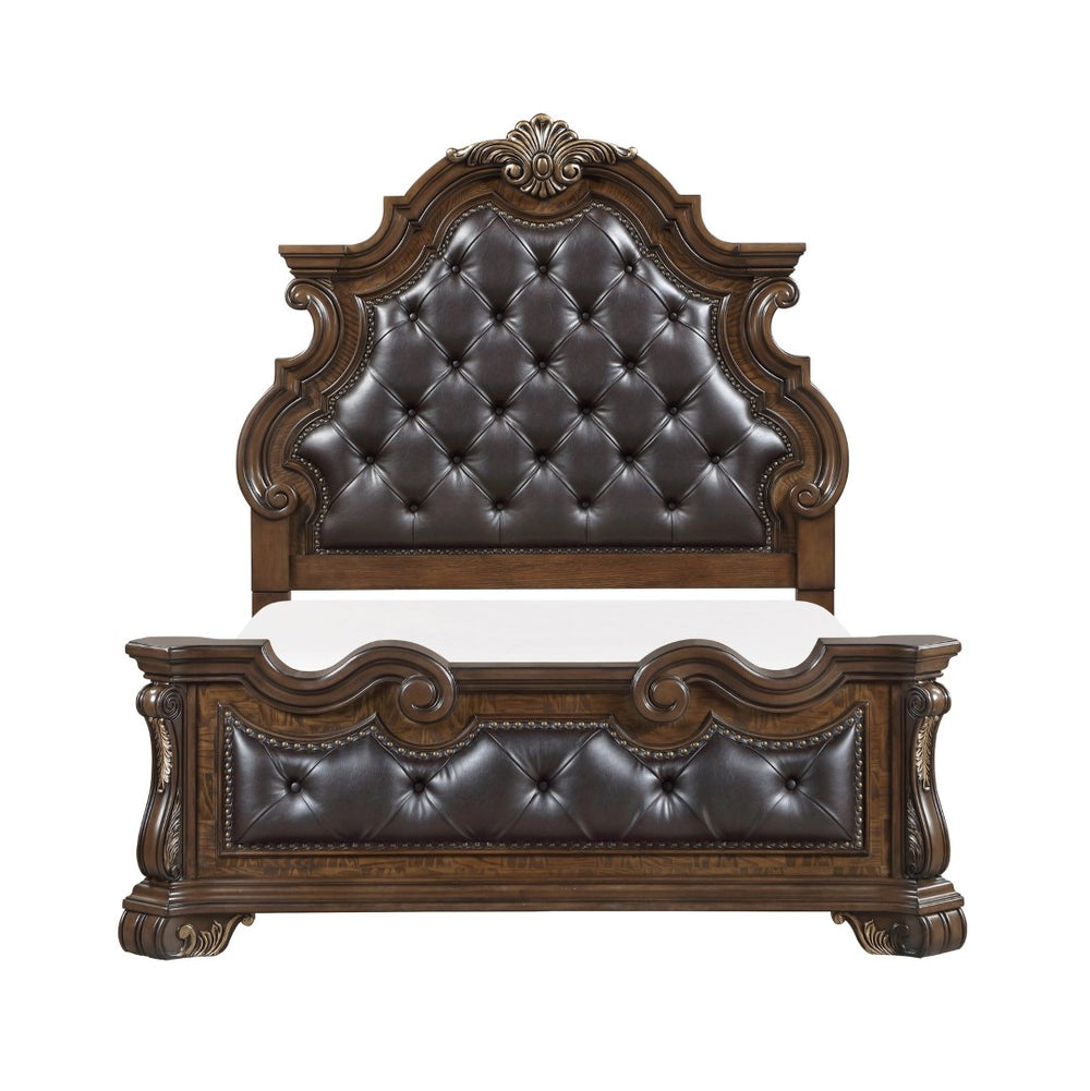 English Elm Formal Queen Bed Pecan Burl Veneer Tufted Headboard Gold Carved Frame Master Suite B011S02303
