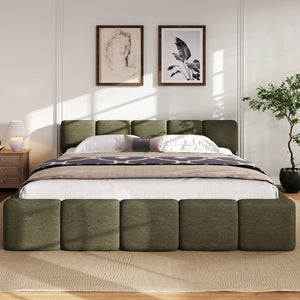 English Elm California King Boucle Upholstered Platform Bed Thick Block Headboard Modern Suite N757P391356D