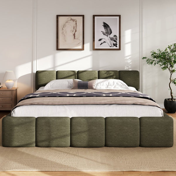 English Elm California King Boucle Upholstered Platform Bed Thick Block Headboard Modern Suite N757P391356D