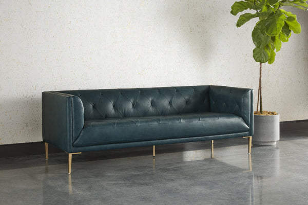 Sunpan Westin Sofa - Timeless Elegance with Diamond Tufting and Antique Brass Feet for Stylish Living Spaces Vintage Peacock Leather