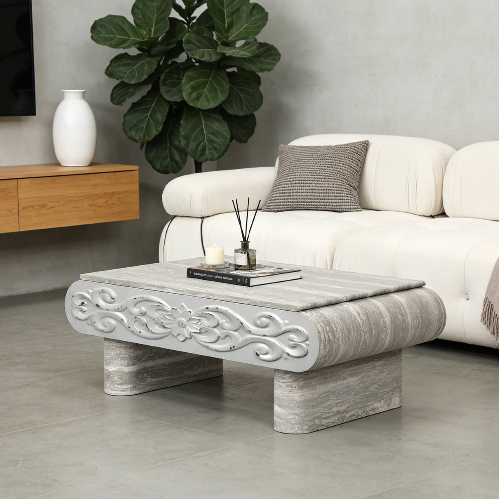 English Elm Rounded Edge Coffee Table Solid Wood Engraved Drawer Modern Living Room Storage Beige+Grey W3040P428762