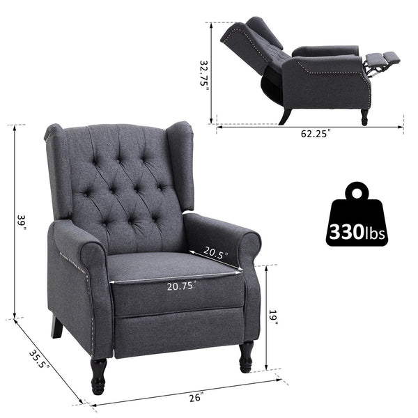English Elm HOMCOM Vintage Tufted Wingback Recliner Chair with Retractable Footrest, Linen Upholstery, Grey - Adjustable Comfort and Solid Frame W2225P217220